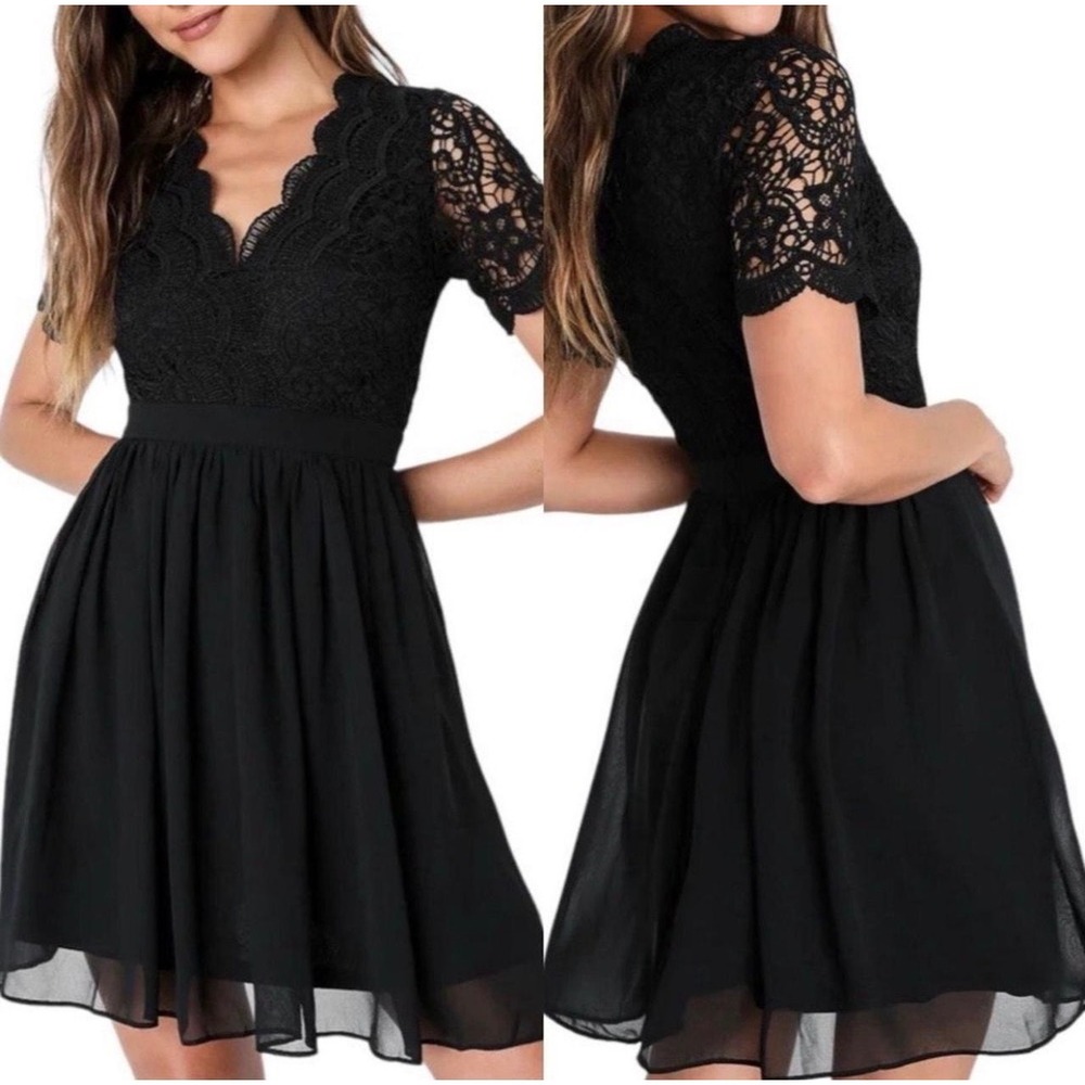 Lulus Black Lace Fit & Flare Cocktail Dress Scalloped V Neck Party XS
